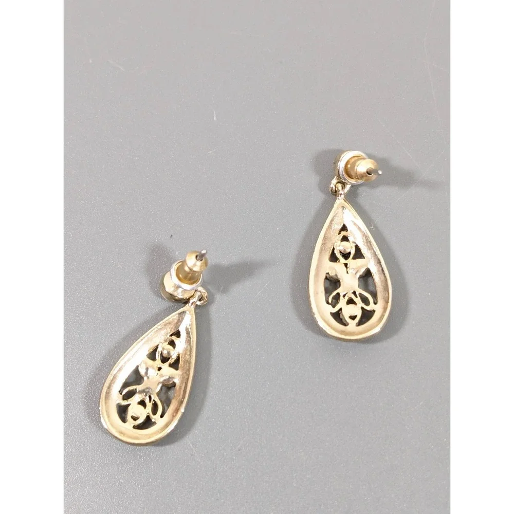 Victorian Style Filigree Teardrop‎ Earrings Gold Tone Faux Marcasite